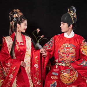 XuHui Original Ming Dynasty Red Chinese Traditional Wedding Dress Men Women Couple Dragon Embroidery Round Neck Long Robe Hanfu