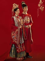 Lade das Bild in den Galerie-Viewer, Couple Phoenix Dragon Embroidery Wedding Dress Elegant Mandarin Collar Cheongsam Chinese Style Exquisite Marriage Set
