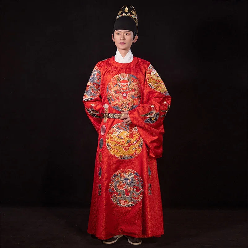 XuHui Original Ming Dynasty Red Chinese Traditional Wedding Dress Men Women Couple Dragon Embroidery Round Neck Long Robe Hanfu