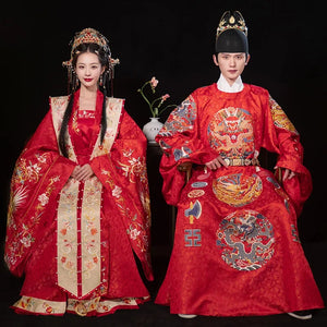 XuHui Original Ming Dynasty Red Chinese Traditional Wedding Dress Men Women Couple Dragon Embroidery Round Neck Long Robe Hanfu