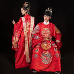 Last inn bildet i Galleri-visningsprogrammet, XuHui Original Ming Dynasty Red Chinese Traditional Wedding Dress Men Women Couple Dragon Embroidery Round Neck Long Robe Hanfu
