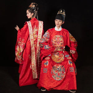 XuHui Original Ming Dynasty Red Chinese Traditional Wedding Dress Men Women Couple Dragon Embroidery Round Neck Long Robe Hanfu