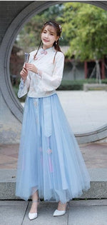 Muatkan imej ke dalam penonton Galeri, new Chinese elements elegant little fresh Chinese style everyday Hanfu women Chiffon yarn skirt parent child girl suit | Tryst Hanfus
