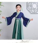 Lade das Bild in den Galerie-Viewer, Children Ancient Costume Hanfu Boys Girls Traditional Chinese Folk Dance Clothes Retro Embroidery Dress Stage Performance Wear | Tryst Hanfus
