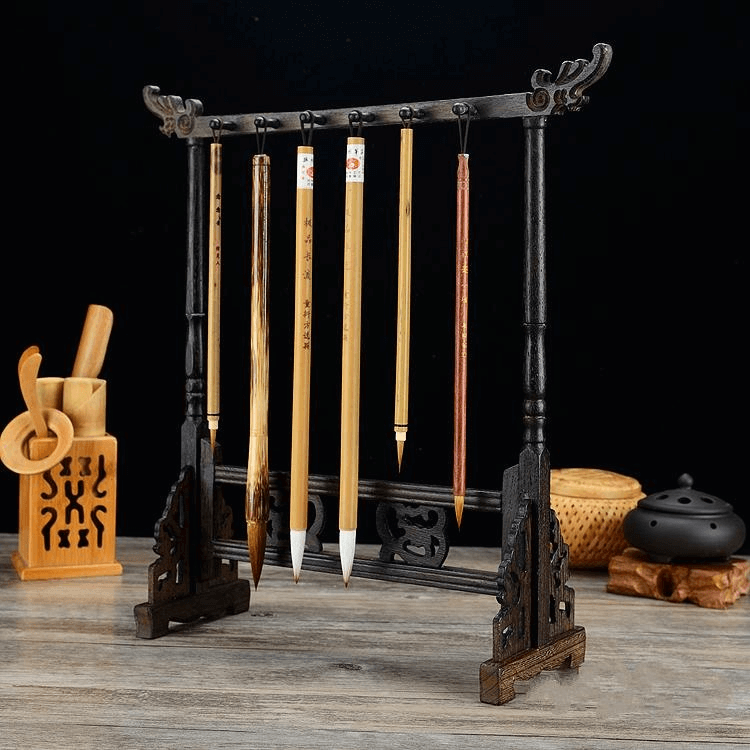 Solid Wood Calligraphy Writing Penholder Study Four Treasure 12 Hangers Durable Wenge Wooden Painting Brush Holder