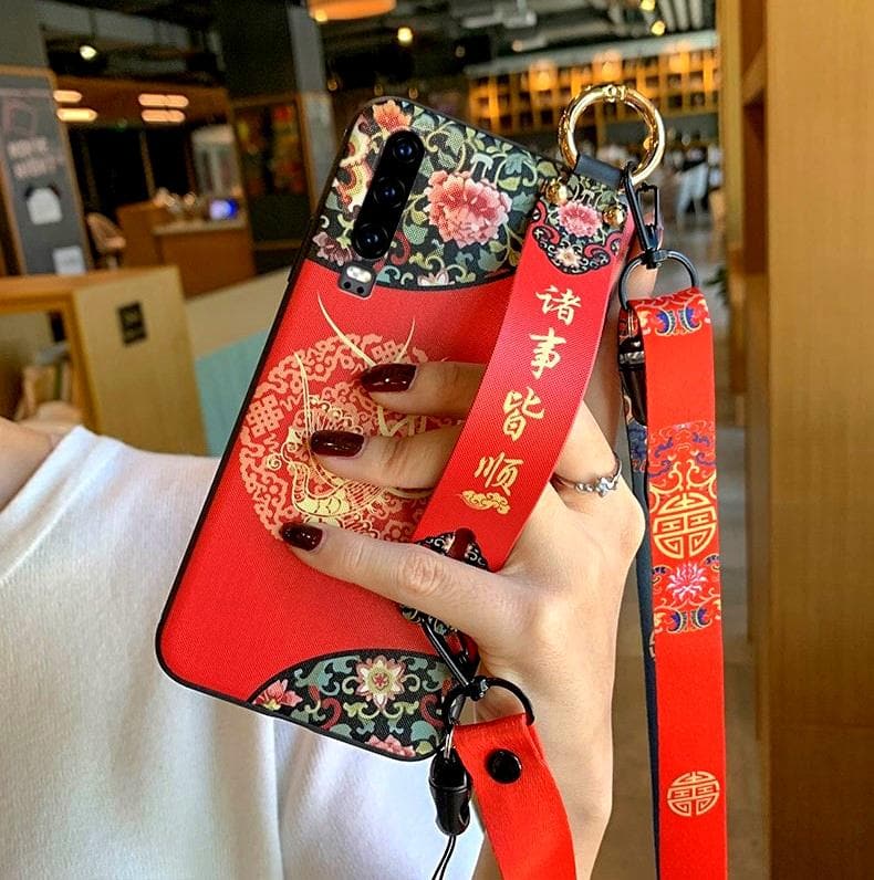 Good luck with everythingTPU Case For HUAWEI iPhone Pro Max Vintage Phoenix pattern Necklace Shoulder Strap Cord Stand Cover