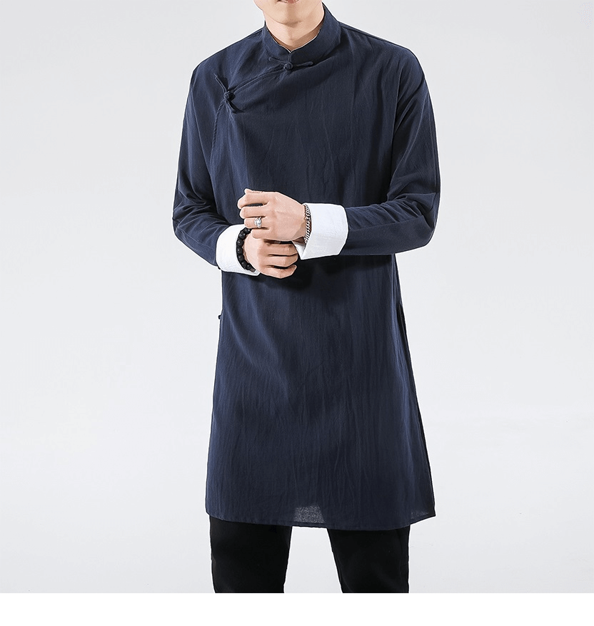 Chinese style men's long shirt with diagonal button 丨Tryst Hanfu & Cheongsam