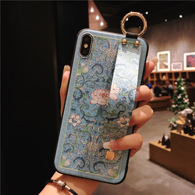 Retro flowers Wirst Strap Soft TPU Case For iphone 7 8 6S plus Case For iphone 12 Mini 11 13 Pro X XS MAX XR  phone Holder Case