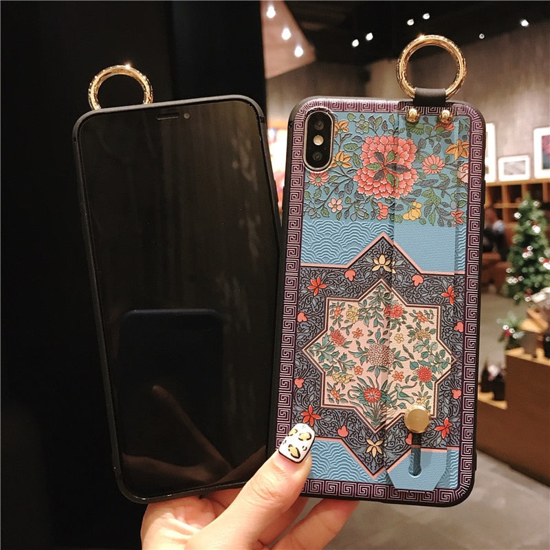 Retro flowers Wirst Strap Soft TPU Case For iphone 7 8 6S plus Case For iphone 12 Mini 11 13 Pro X XS MAX XR  phone Holder Case