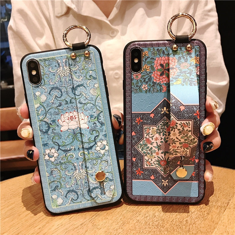 Retro flowers Wirst Strap Soft TPU Case For iphone 7 8 6S plus Case For iphone 12 Mini 11 13 Pro X XS MAX XR  phone Holder Case