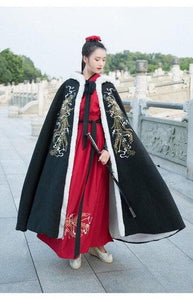 Men&Women Hanfu Cloak Chinese Ancient Traditional Winter Black Red Hooded Cape Adult New Year Costume For Couples Plus Size