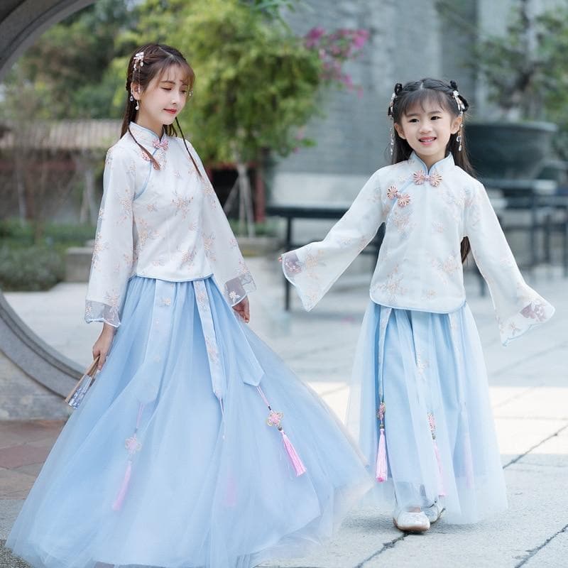 new Chinese elements elegant little fresh Chinese style everyday Hanfu women Chiffon yarn skirt parent child girl suit | Tryst Hanfus