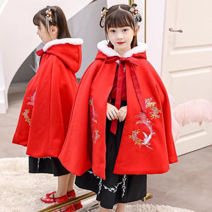 Girl's Embroidery Hanfu warm Cape winter Long Cloak Chinese Children Style Mantle Kids Christmas Hooded Capes New Year's Outfit | Tryst Hanfus