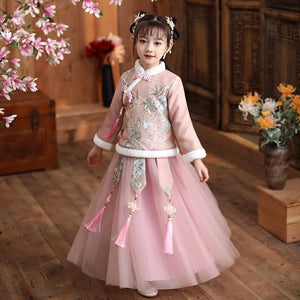 New Embroider Girl's Hanfu Cheongsam Chinese Tradition Wedding Flower Girl Dress Cute Kids New Year Dress Clothes | Tryst Hanfus