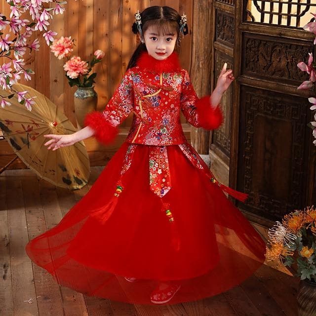 New Embroider Girl's Hanfu Cheongsam Chinese Tradition Wedding Flower Girl Dress Cute Kids New Year Dress Clothes | Tryst Hanfus