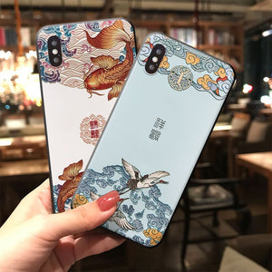 Chinese Style 3D Emboss Phone Case For iPhone X XS XR 11 12 13 Pro MAX 6 7 8Plus SE2 Soft Silicone Back Covers Matte Phone Cases