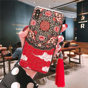 Chinese Style Embossed Tassel Phone Case for iPhone 11 12 13 Pro Max XS MAX XR Soft Back Cover for iPhone X 8 7 6S 6 Plus Coque