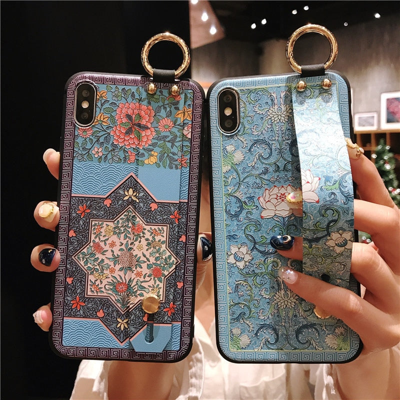 Retro flowers Wirst Strap Soft TPU Case For iphone 7 8 6S plus Case For iphone 12 Mini 11 13 Pro X XS MAX XR  phone Holder Case