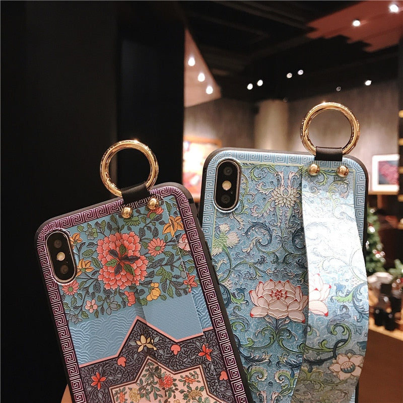 Retro flowers Wirst Strap Soft TPU Case For iphone 7 8 6S plus Case For iphone 12 Mini 11 13 Pro X XS MAX XR  phone Holder Case